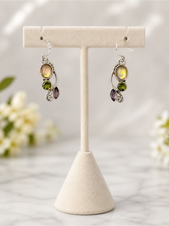 unbranded Jewelry - Silver Tone Multi-Stone Dangle Earrings Iridescent Green Purple